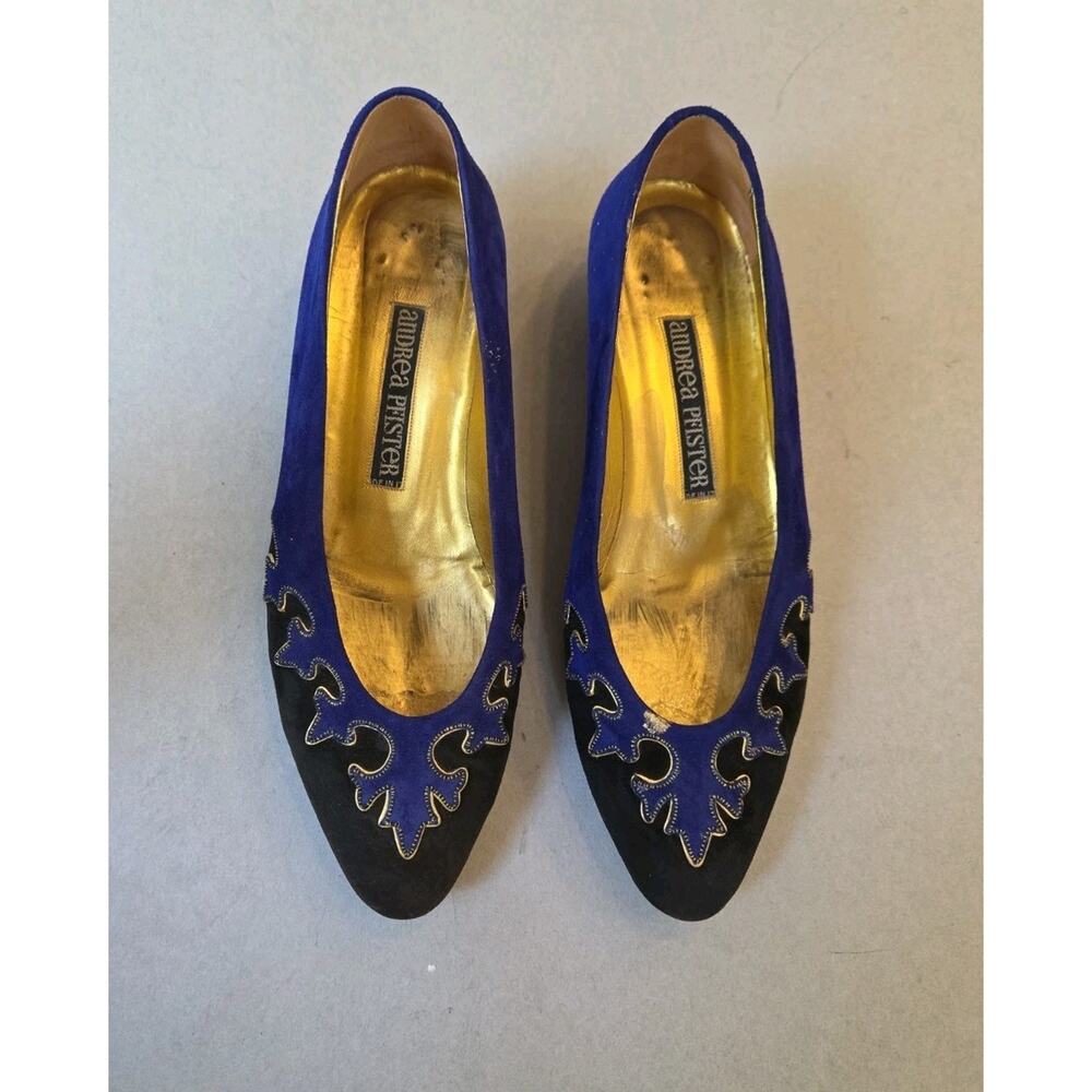 Andrea Pfister Suede Flats Blue & Black Intricate Design Made in Italy Us 6.5